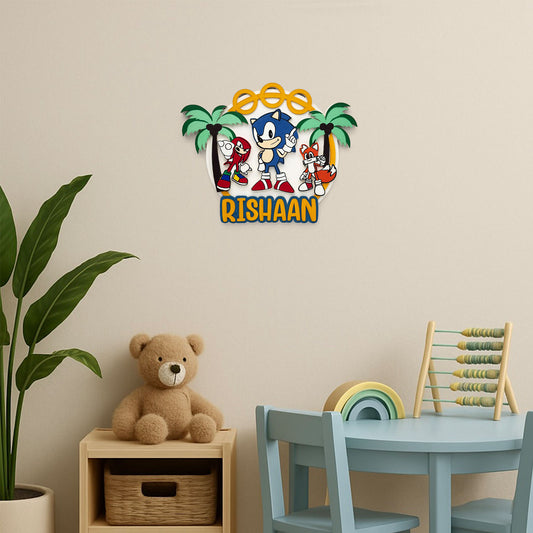 Sonic Themed Hand-Painted Wooden Kids Name Plate