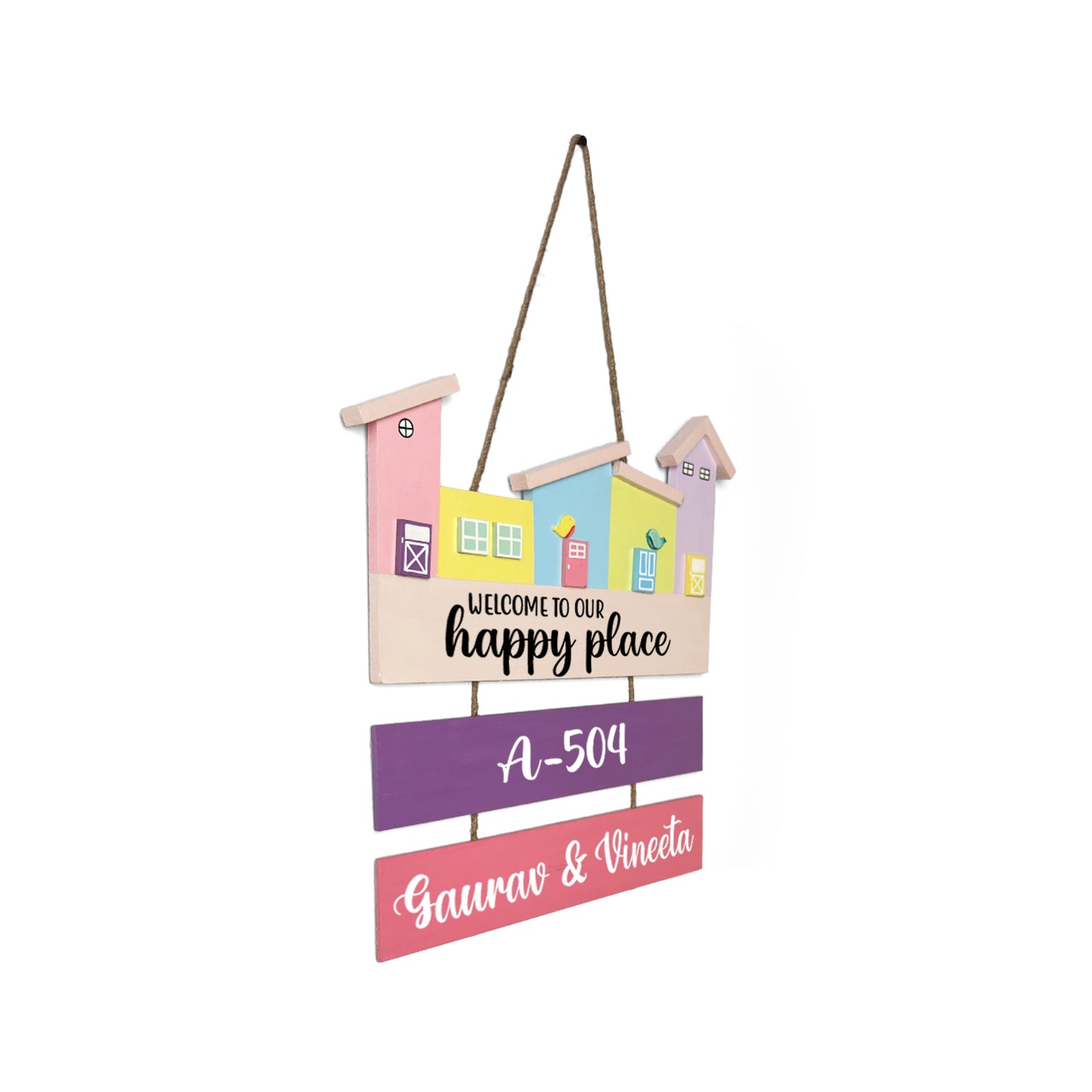 Hut-Shaped Hand-Painted Wooden Name Plate For Home - Hut Board & Two Planks Design 2
