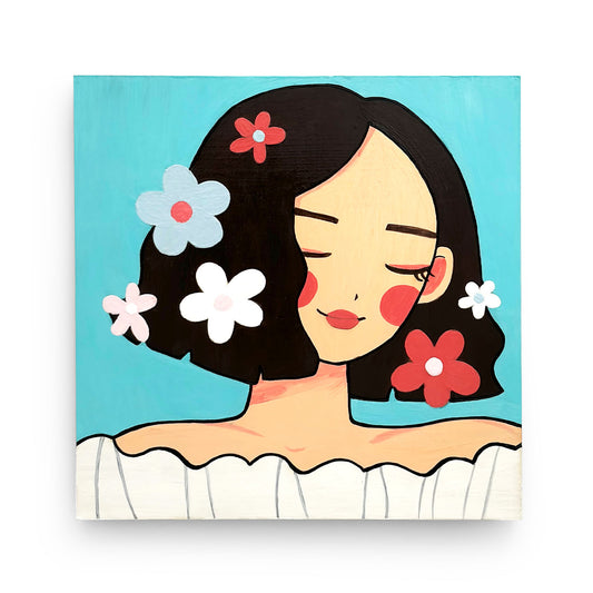 Girl With Flowers Hand-Painted Wooden Wall Hanging