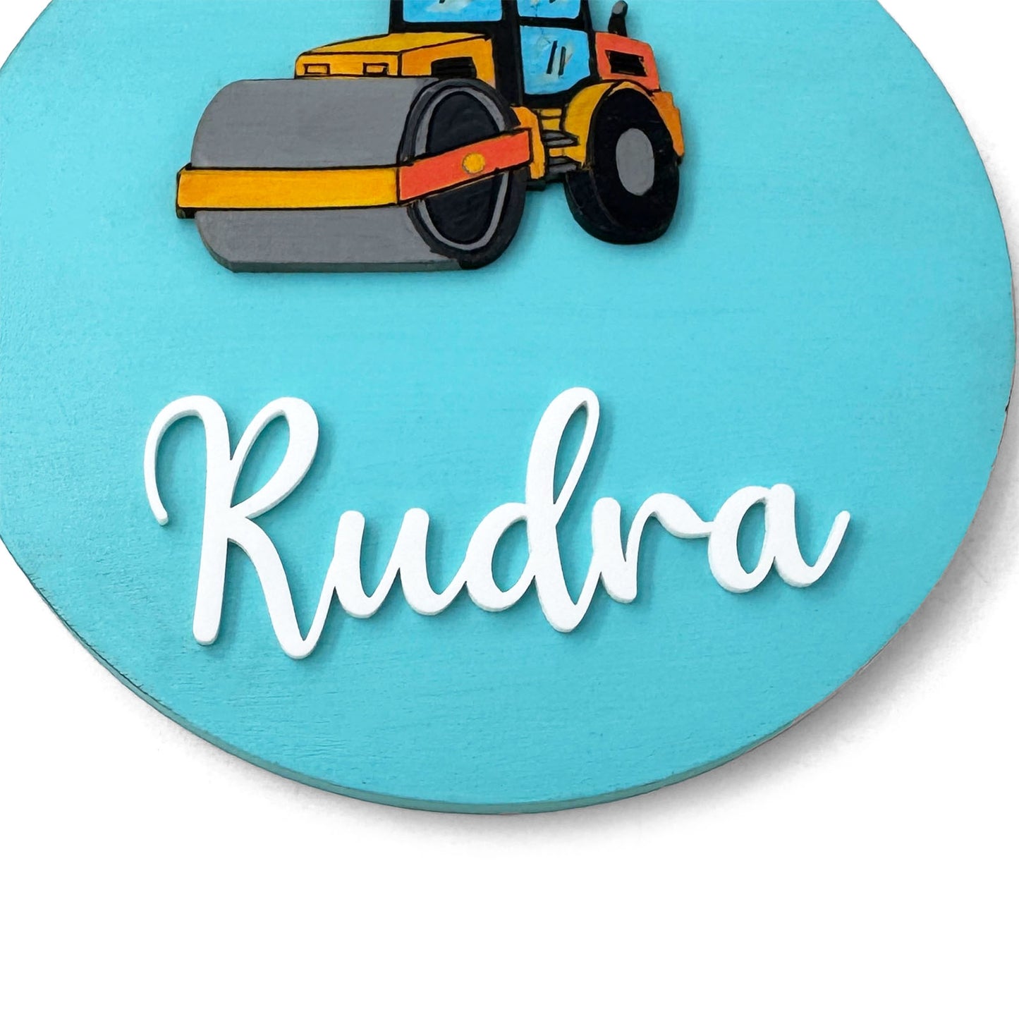 Road Roller Themed Hand-Painted Wooden Name Plate For Kids