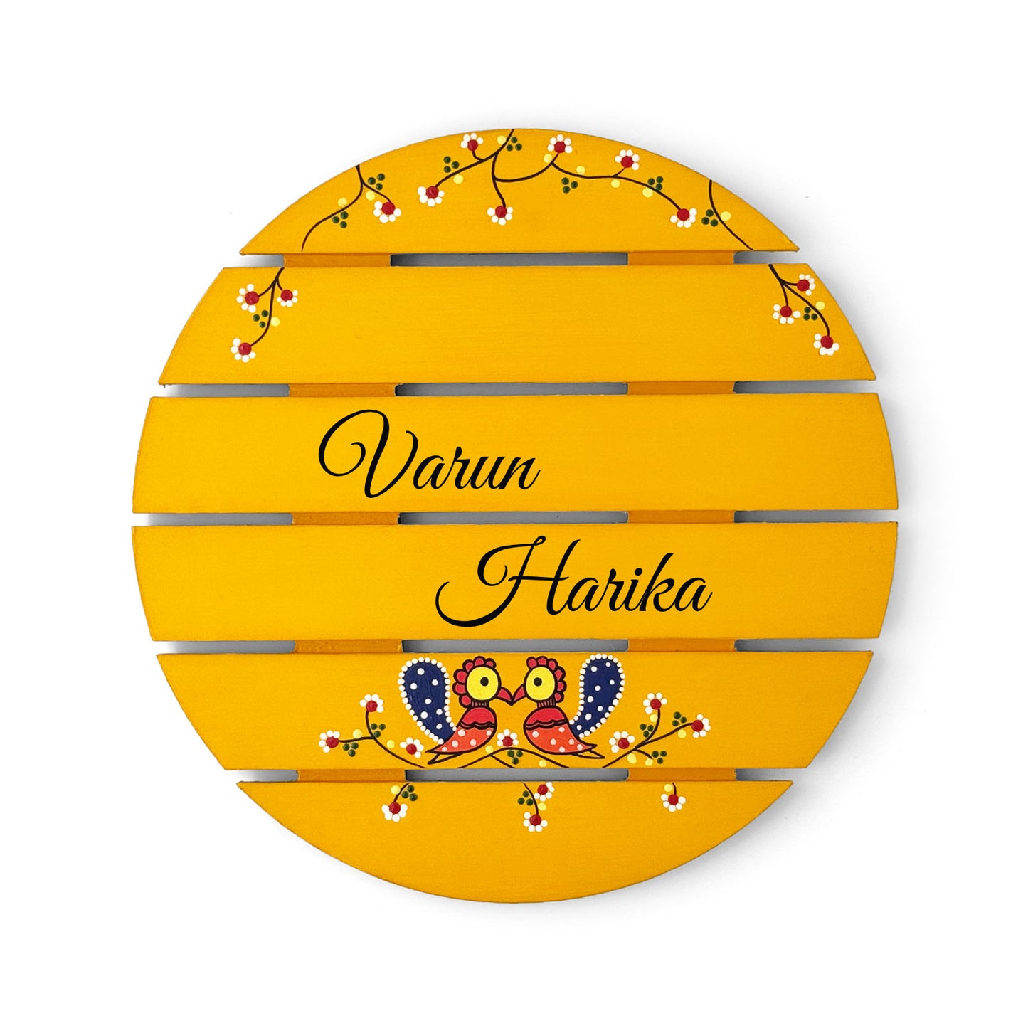 Peacock Artwork Hand-Painted Wooden Madhubani Round Name Plate For Home