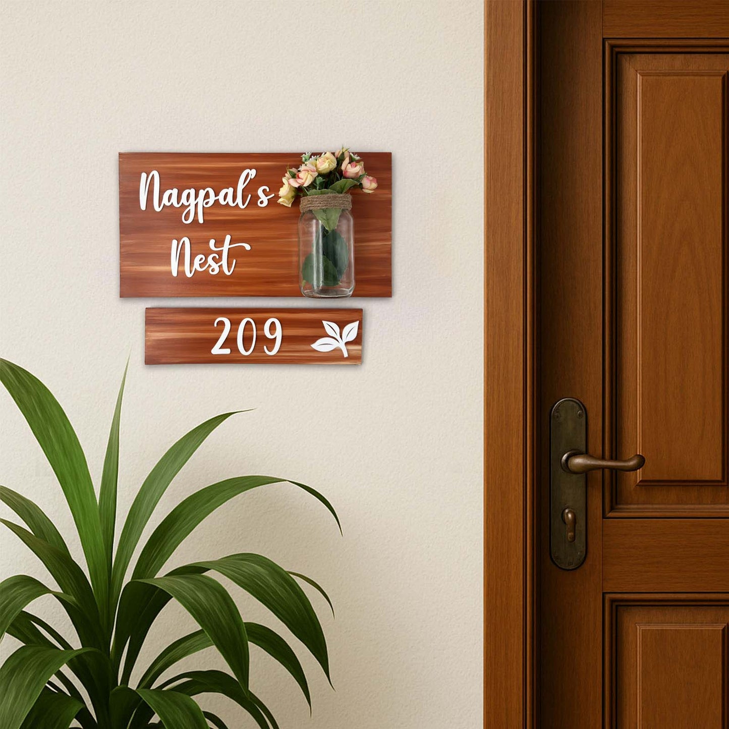 Hand-Painted Wooden Name Plate With Jar For Home - Jar Board & One Plank