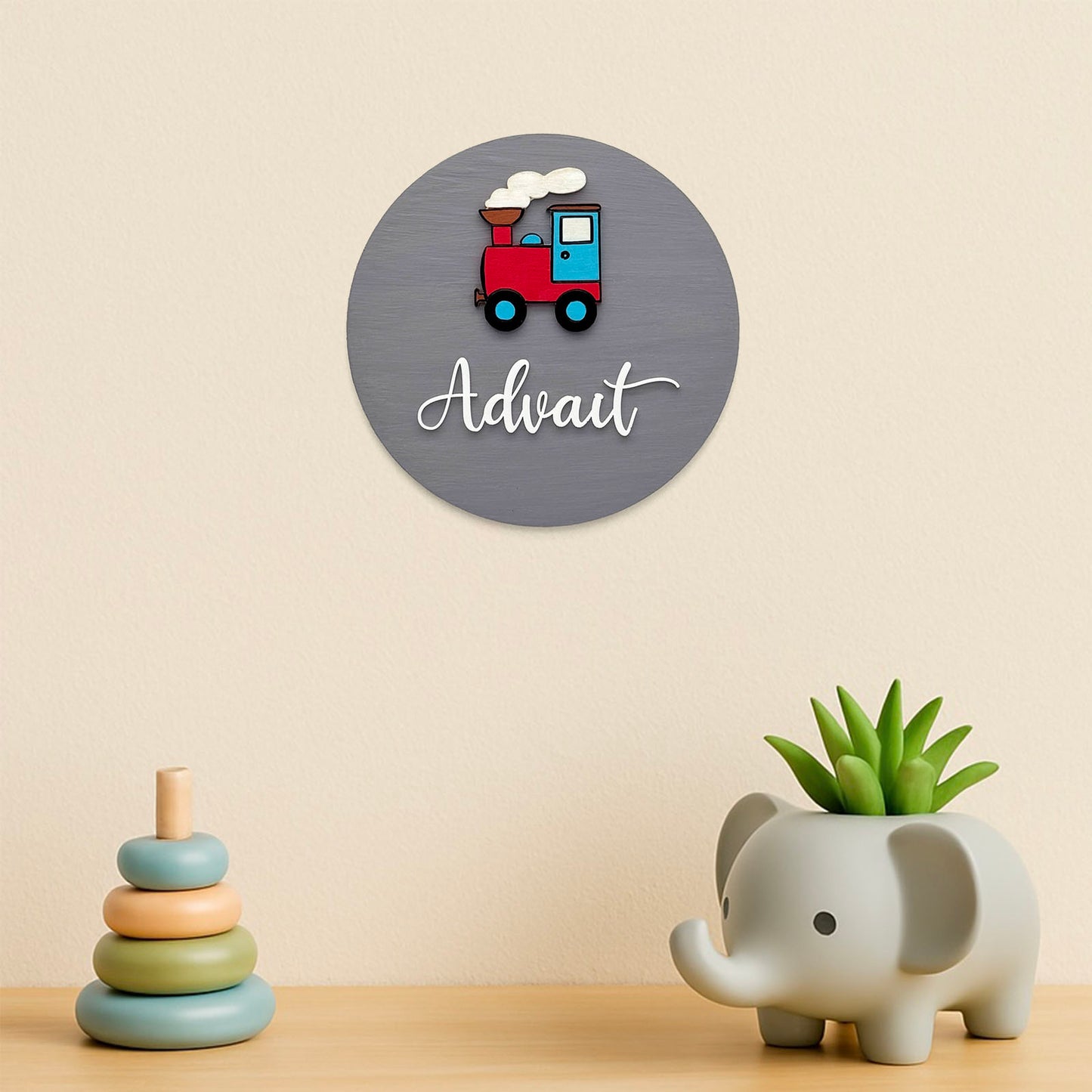 Train Themed Hand-Painted Wooden Mini Kids Name Plate