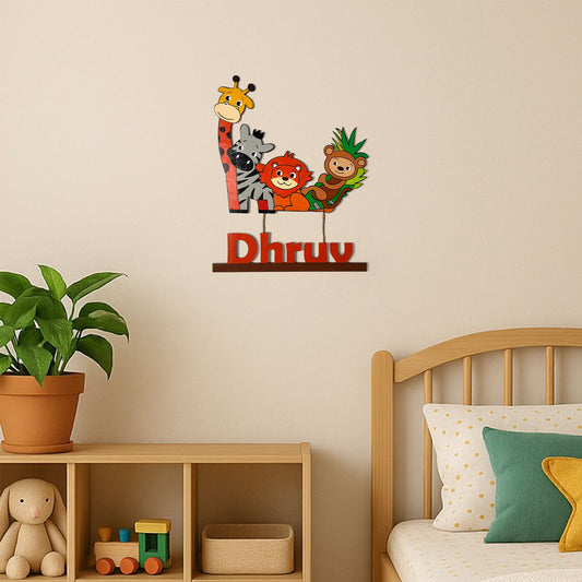 Animal Themed Hand-Painted Wooden Kids Name Plate - Design 4