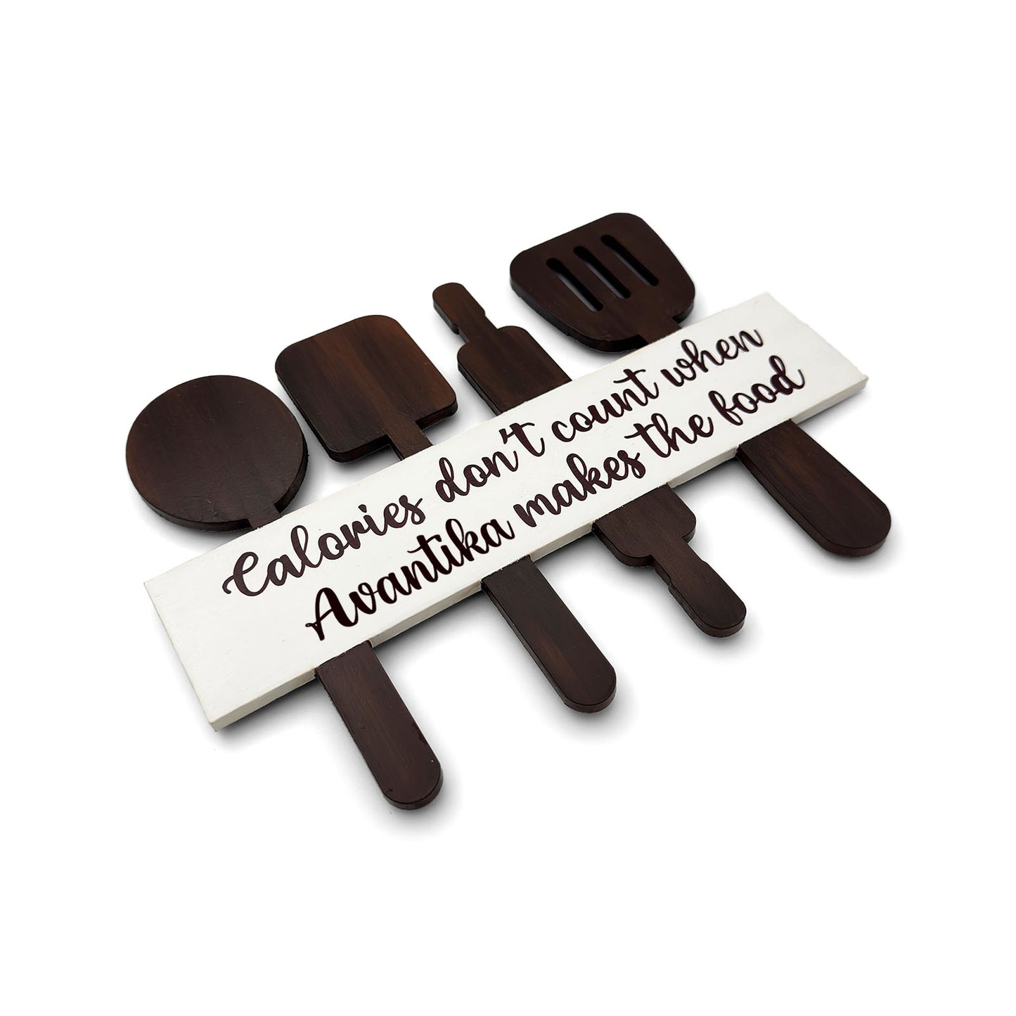 Calories Don't Count Personalised Name Hand-Painted Wooden Utensil Board Kitchen Wall Hanging - Brown