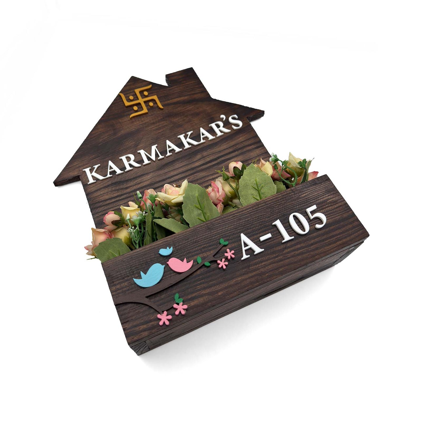Hut-Shaped Hand-Painted Wooden Planter Name Plate For Home - Wooden Finish