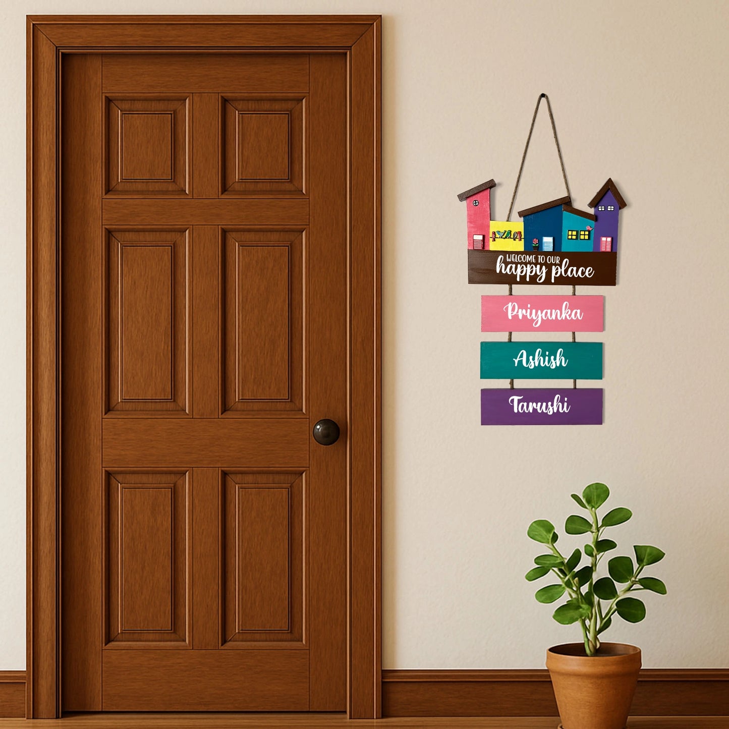 Hut-Shaped Hand-Painted Wooden Name Plate For Home - Hut Board & Three Planks Design 6