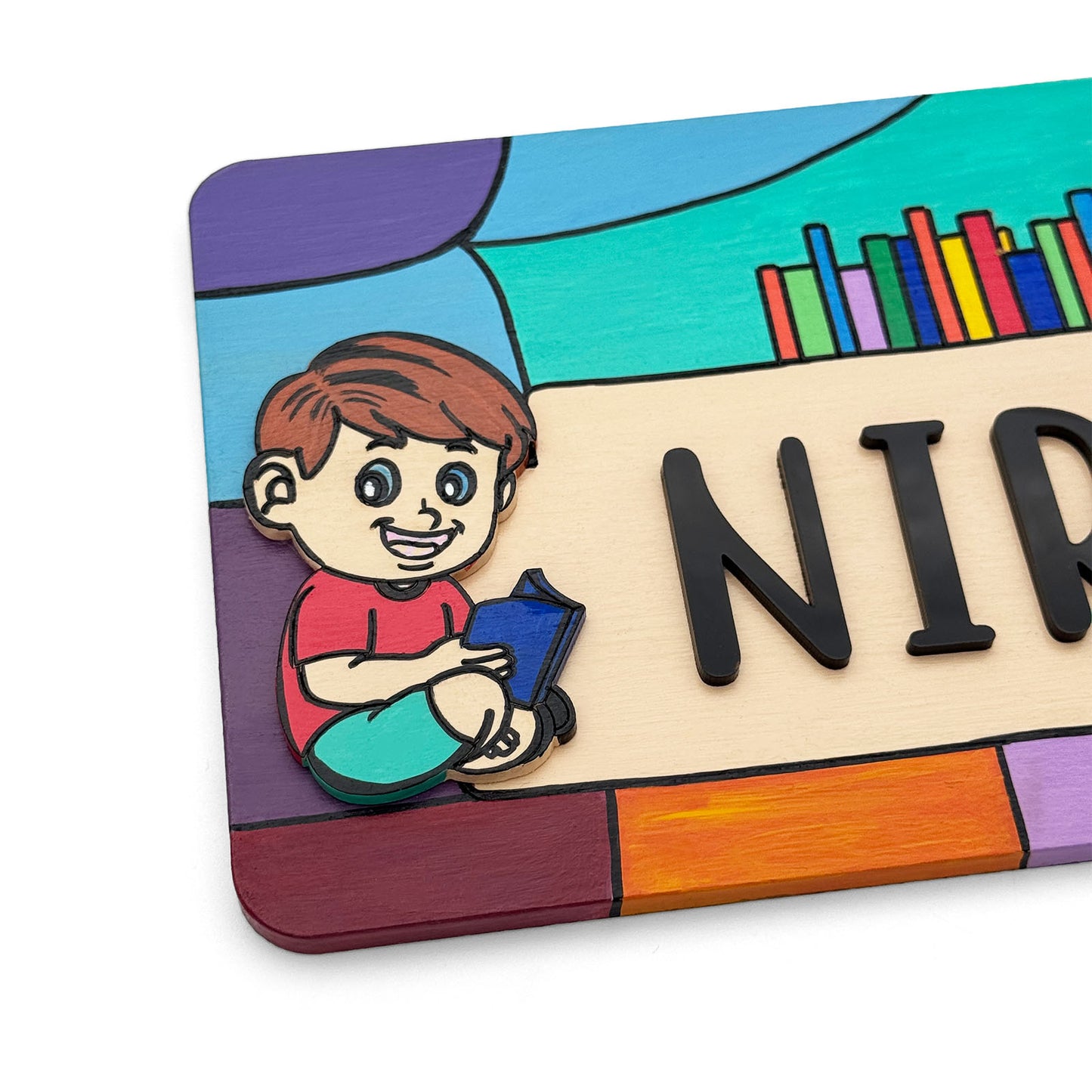 Boy Reading Book Hand-Painted Wooden Kids Name Plate