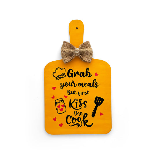 Grab Your Meals But First Kiss The Cook Hand-Painted Wooden Chopping Board Kitchen Wall Hanging - Yellow