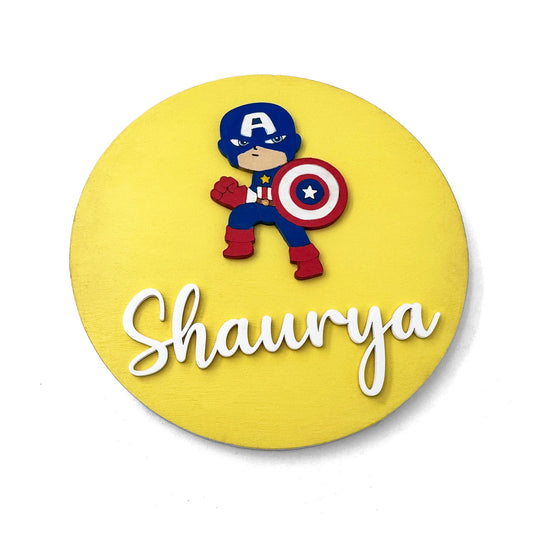 Captain America Themed Hand-Painted Wooden Name Plate For Kids