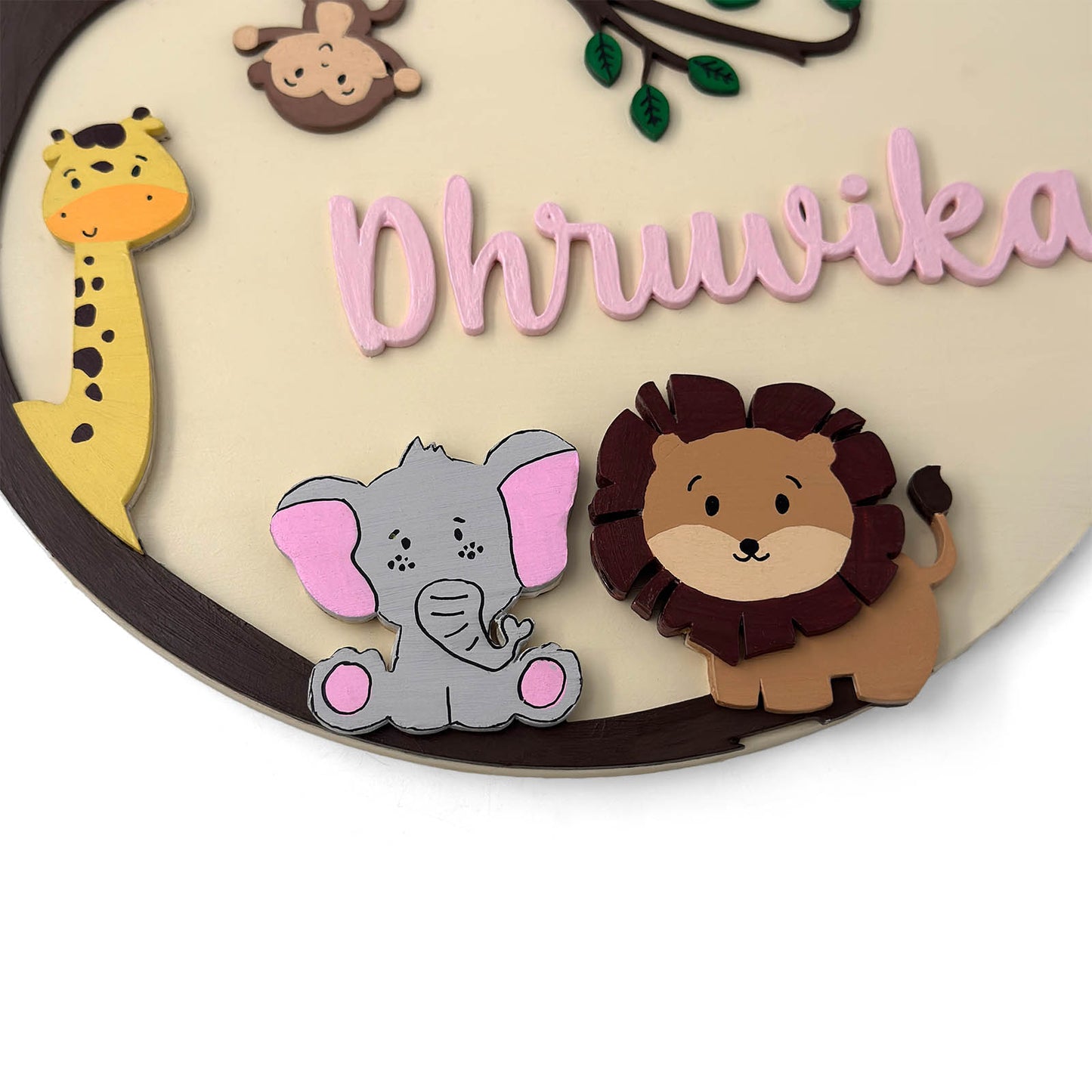 Animal Themed Hand-Painted Wooden Round Kids Name Plate - Design 8