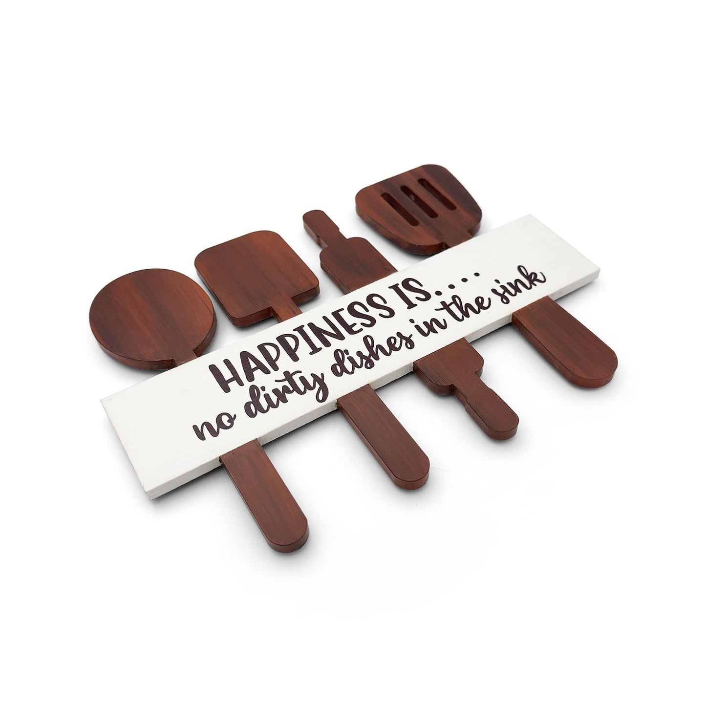 Happiness Is No Dirty Dishes In The Sink Hand-Painted Wooden Utensil Board Kitchen Wall Hanging - Brown