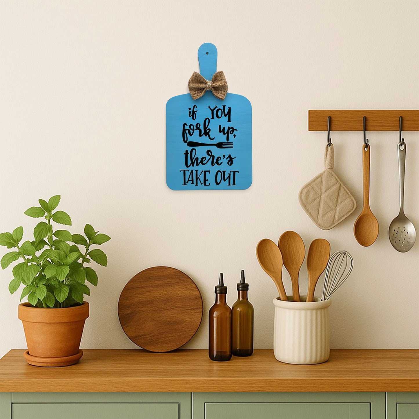 If You Fork Up, There's A Take Out Hand-Painted Wooden Chopping Board Kitchen Wall Hanging - Blue