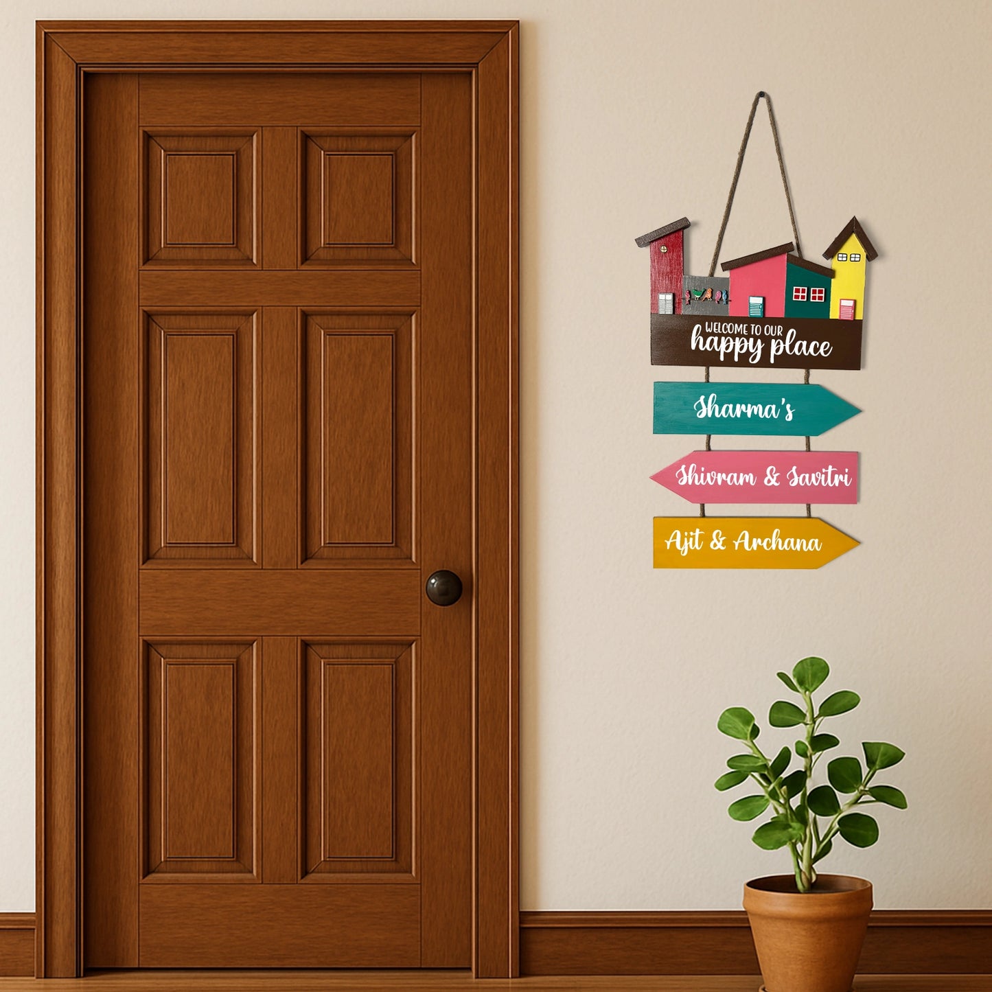 Hut-Shaped Hand-Painted Wooden Name Plate For Home - Hut Board & Three Planks Design 4