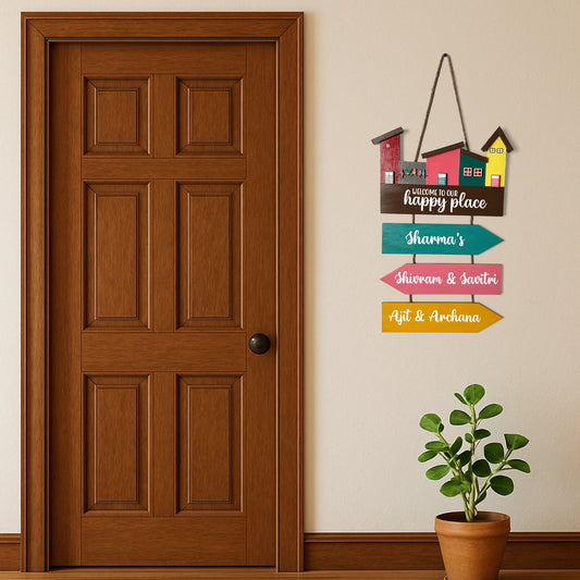 Hut-Shaped Hand-Painted Wooden Name Plate For Home - Hut Board & Three Planks Design 4