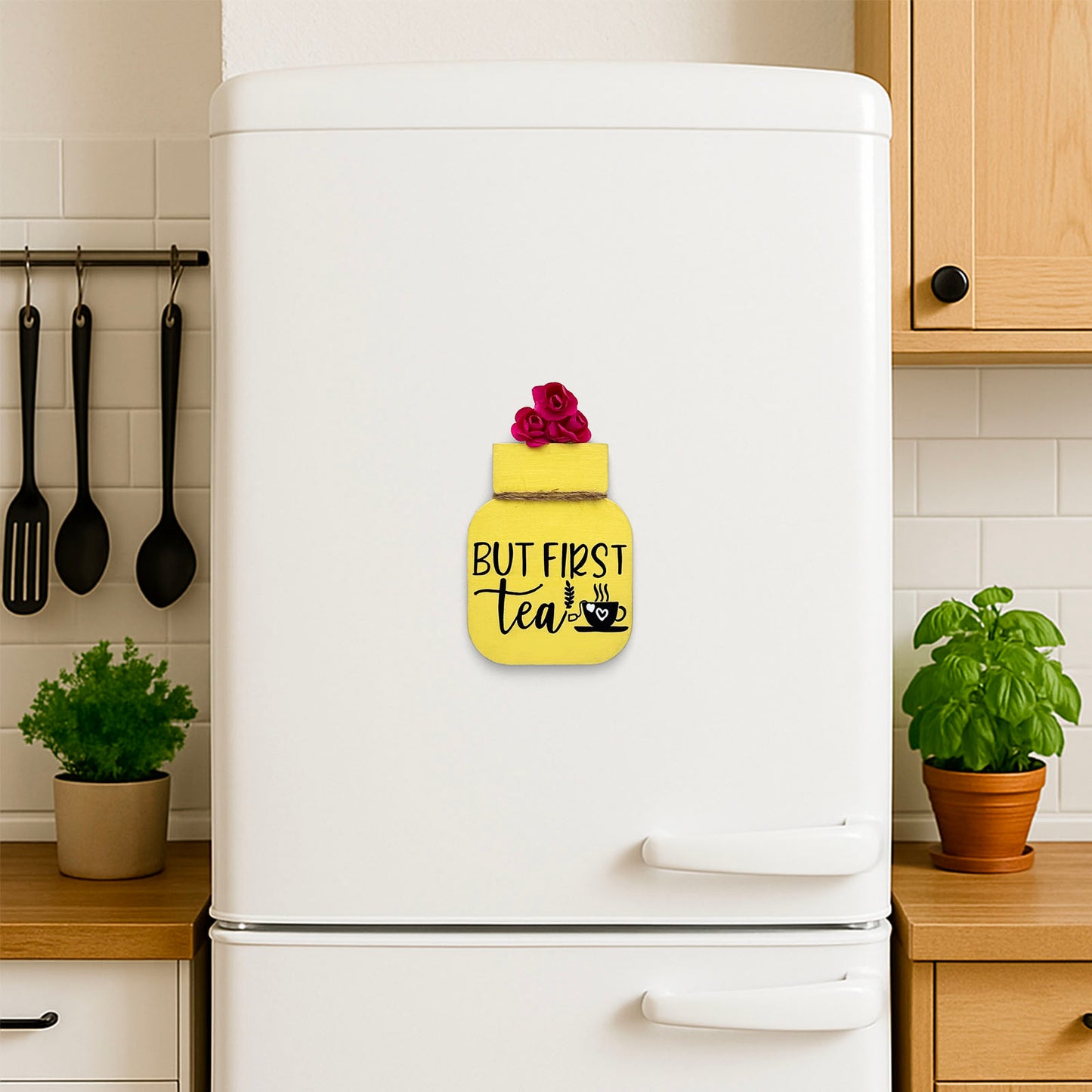 But First Tea Hand-Painted Wooden Mason Jar Fridge Magnet - Yellow