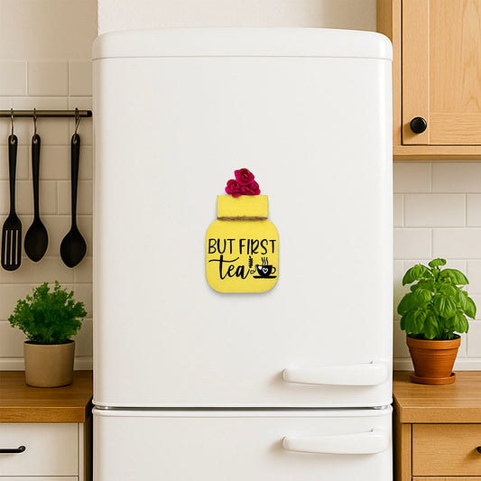 But First Tea Hand-Painted Wooden Mason Jar Fridge Magnet - Yellow