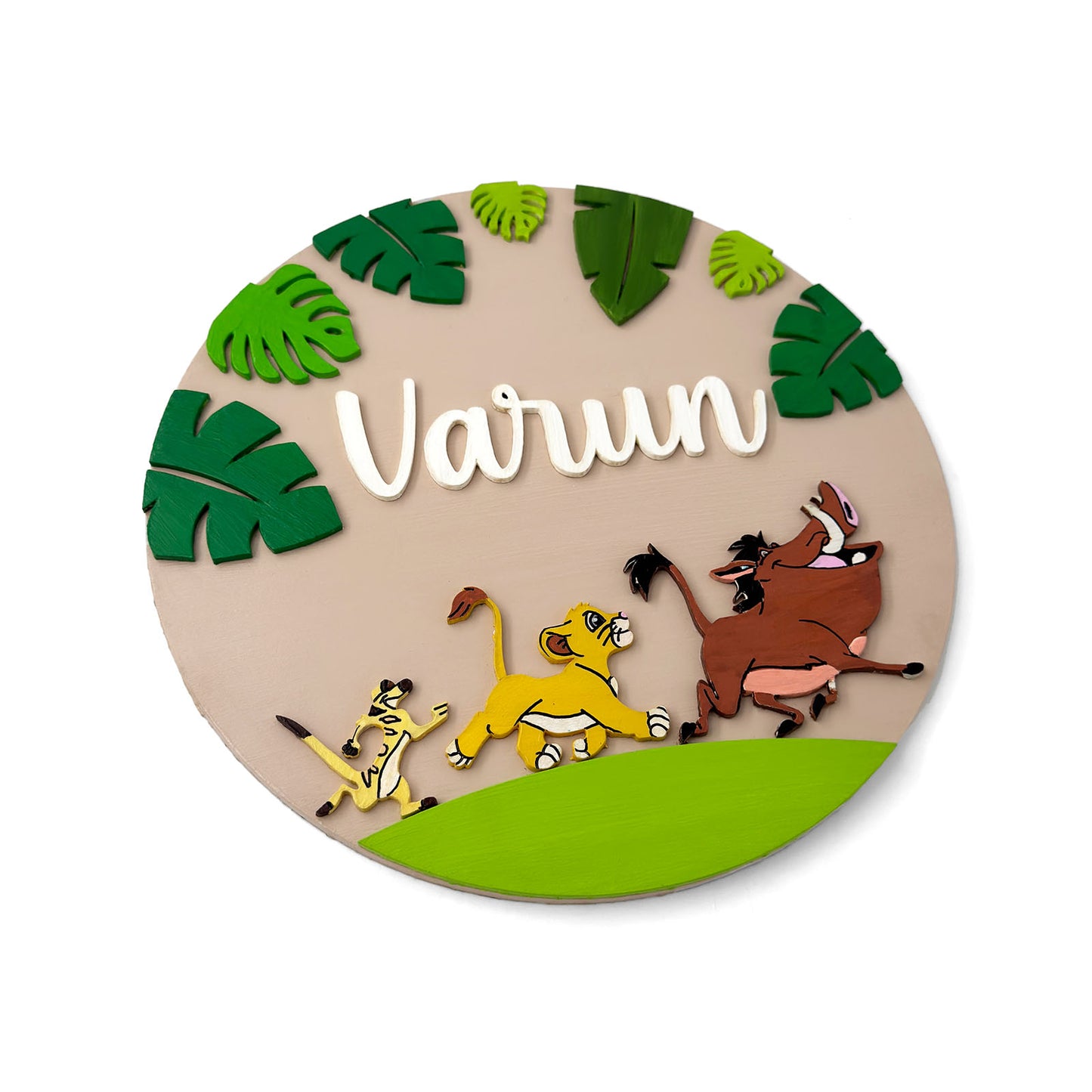 Lion King Simba Themed Hand-Painted Wooden Round Kids Name Plate - Design 3