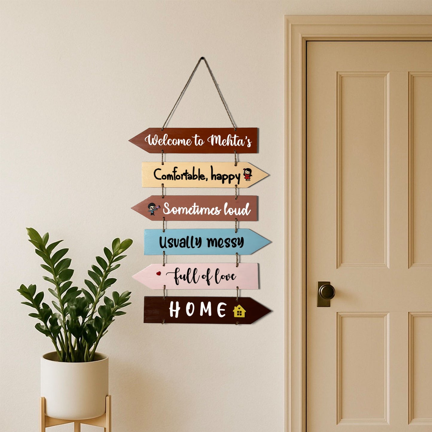 Welcome To Hand-Painted Wooden Arrow Plank Name Plate For Home