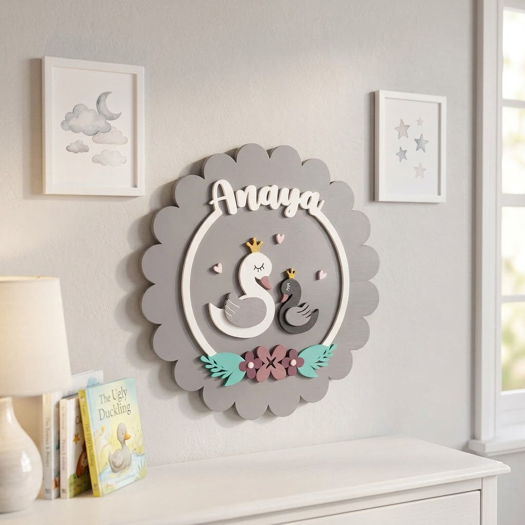 Duck Themed Hand-Painted Wooden Kids Name Plate