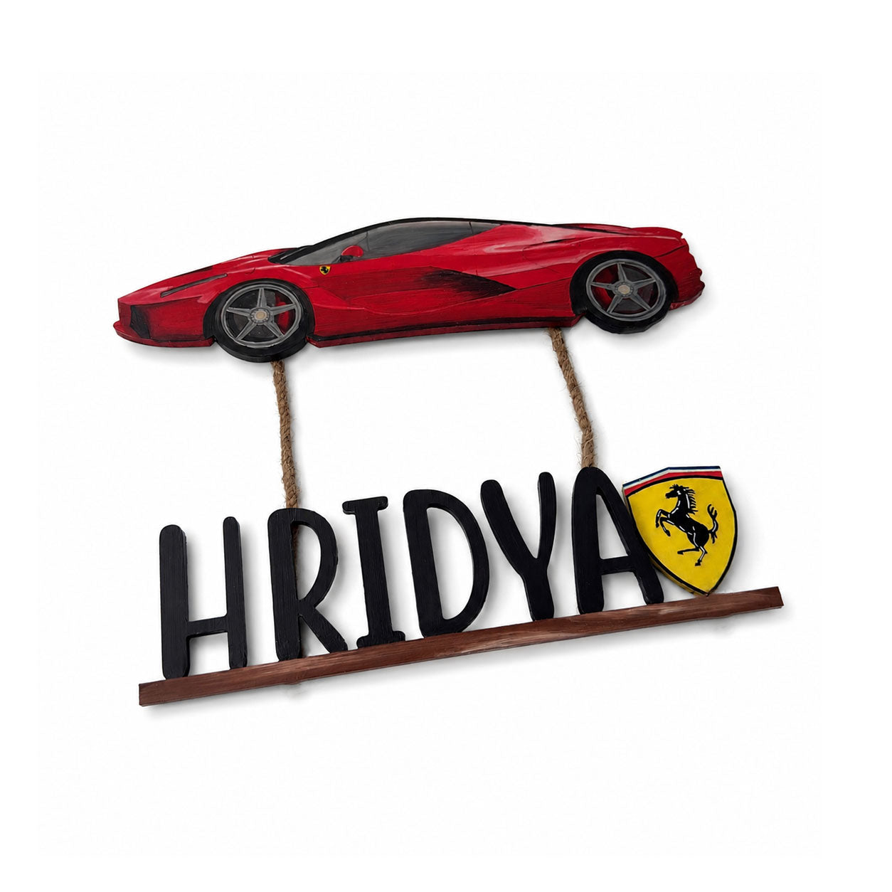 Ferrari Car Themed Hand-Painted Wooden Kids Name Plate - Design 1