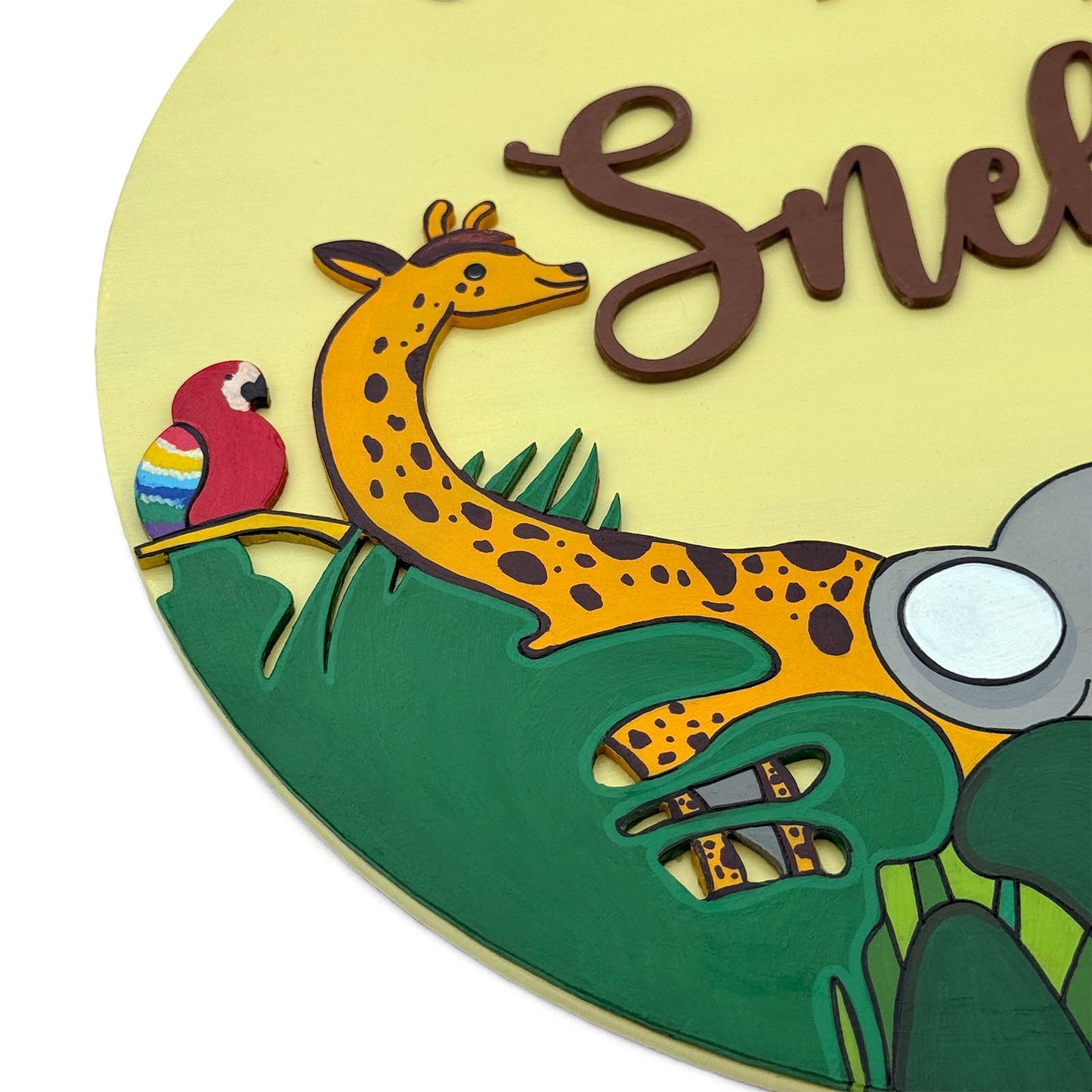 Animal Themed Hand-Painted Wooden Round Kids Name Plate - Design 3