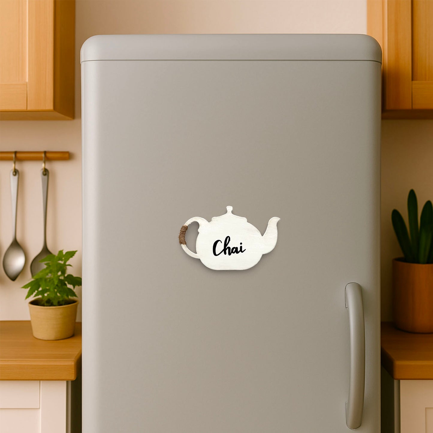 Chai Hand-Painted Wooden Kettle Fridge Magnet - White