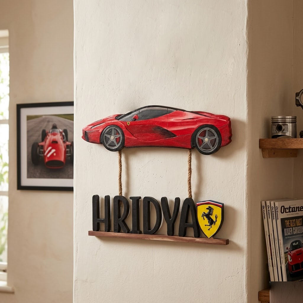 Ferrari Car Themed Hand-Painted Wooden Kids Name Plate - Design 1