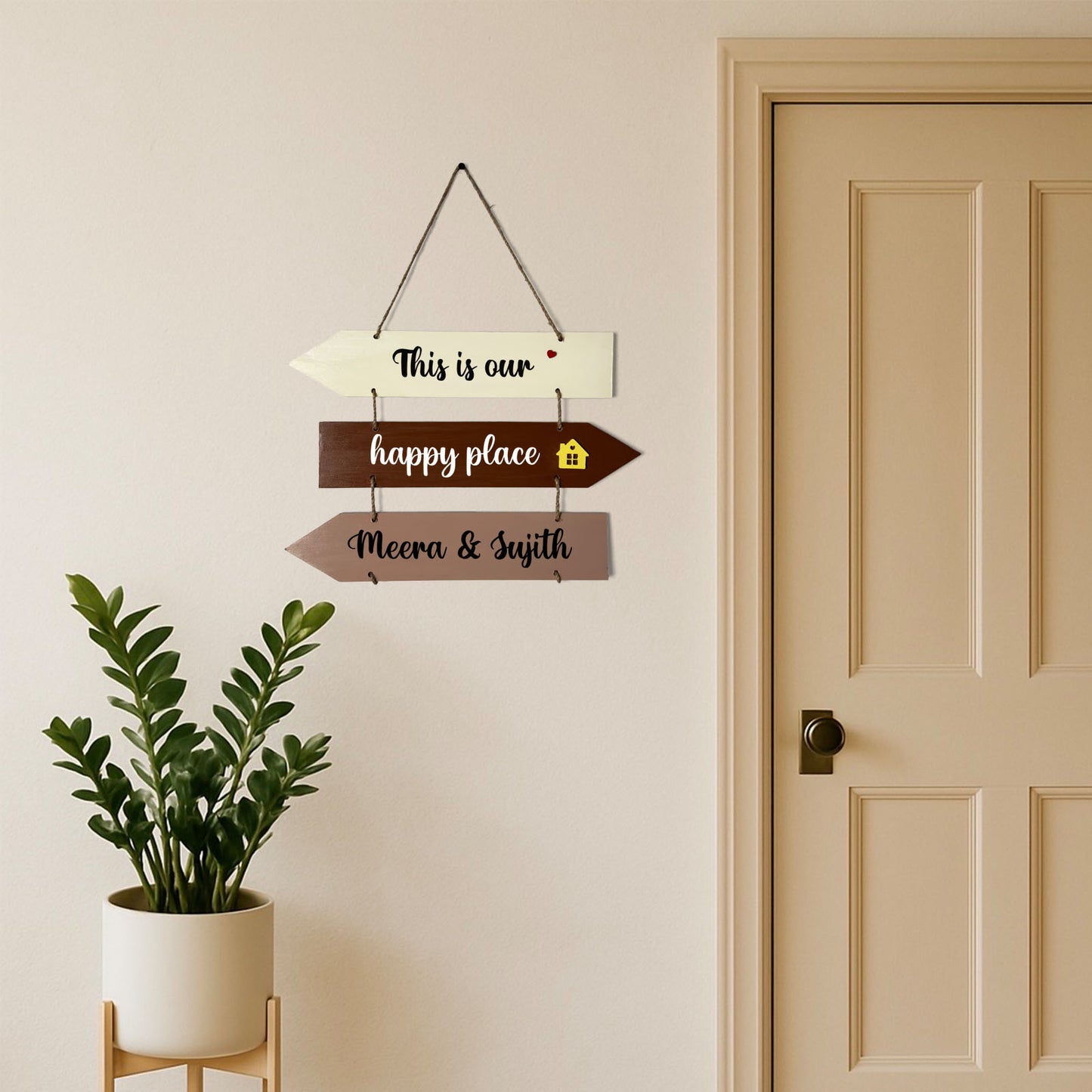 This Is Our Happy Place Hand-Painted Wooden Arrow Plank Name Plate For Home - Three Planks