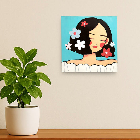 Girl With Flowers Hand-Painted Wooden Wall Hanging