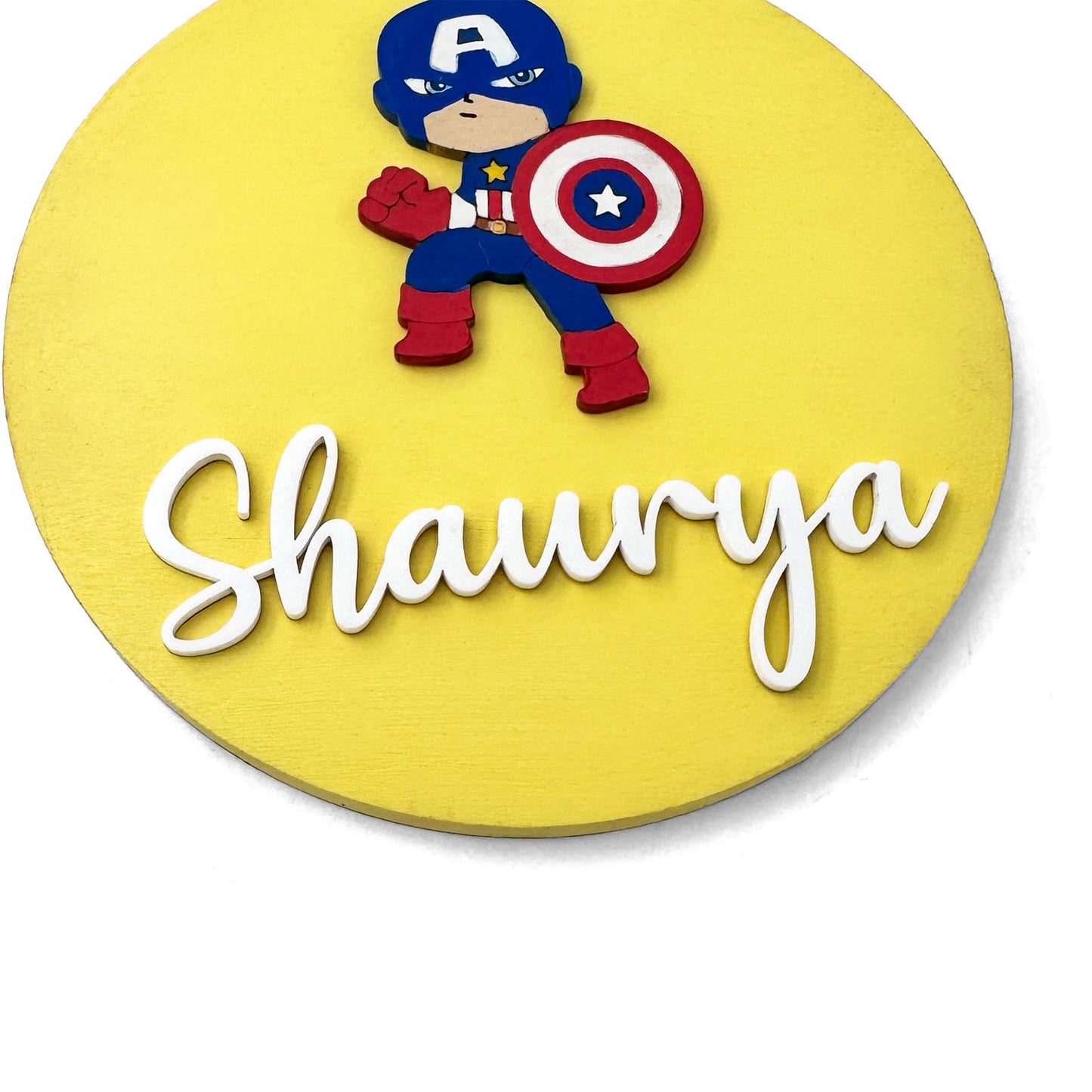 Captain America Themed Hand-Painted Wooden Name Plate For Kids