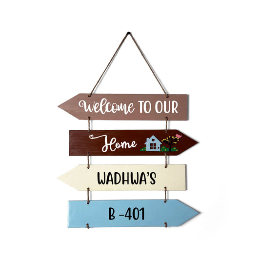 Welcome To Our Home Hand-Painted Wooden Four Arrow Plank Name Plate For Home - Brown