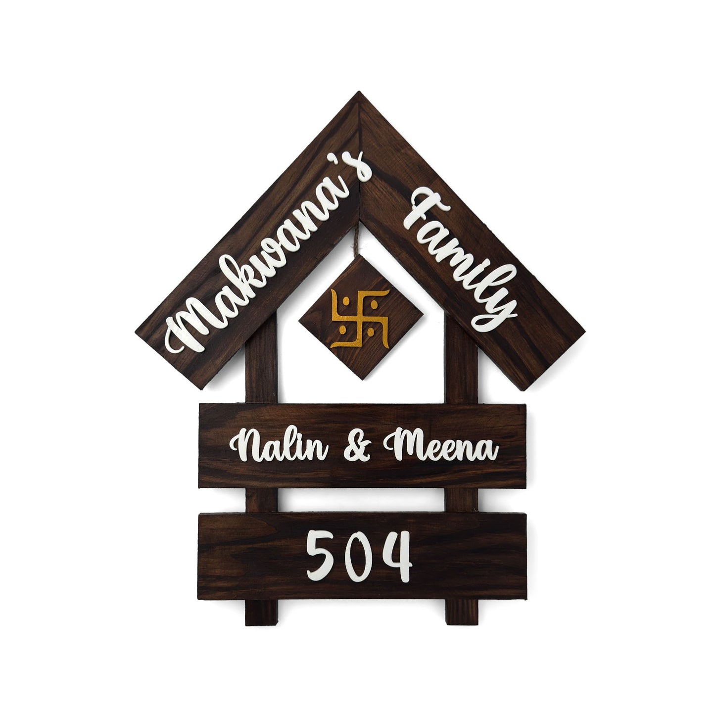 House With Roof And Double Plank Hand-Painted Wooden Hut-Shaped Name Plate For Home - Wooden Finish