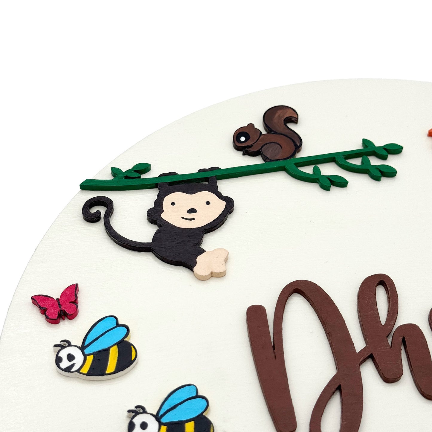 Animal Themed Hand-Painted Wooden Round Kids Name Plate - Design 4