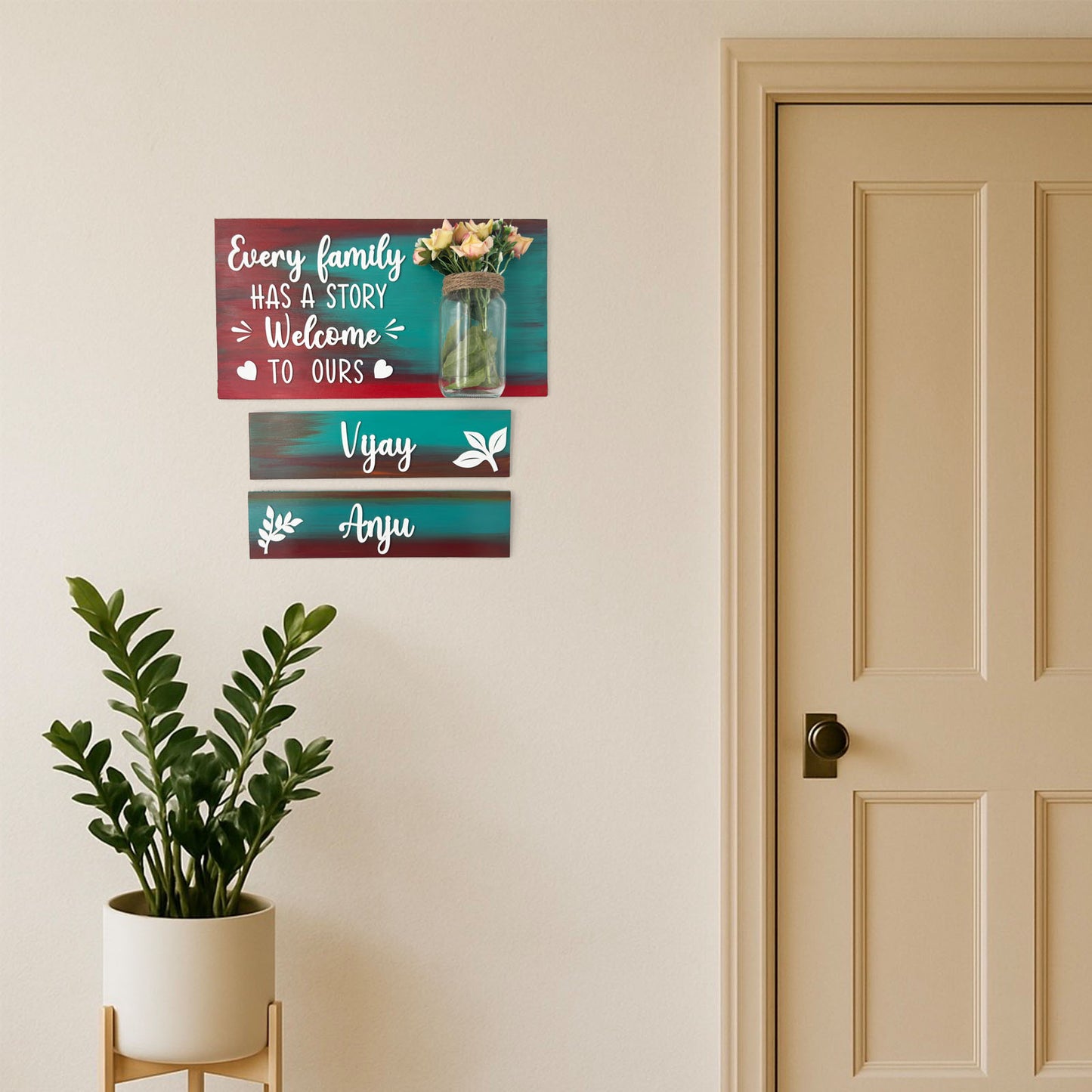 Every Family Has A Story Welcome To Ours Hand-Painted Wooden Name Plate With Jar For Home - Jar Board & Two Planks