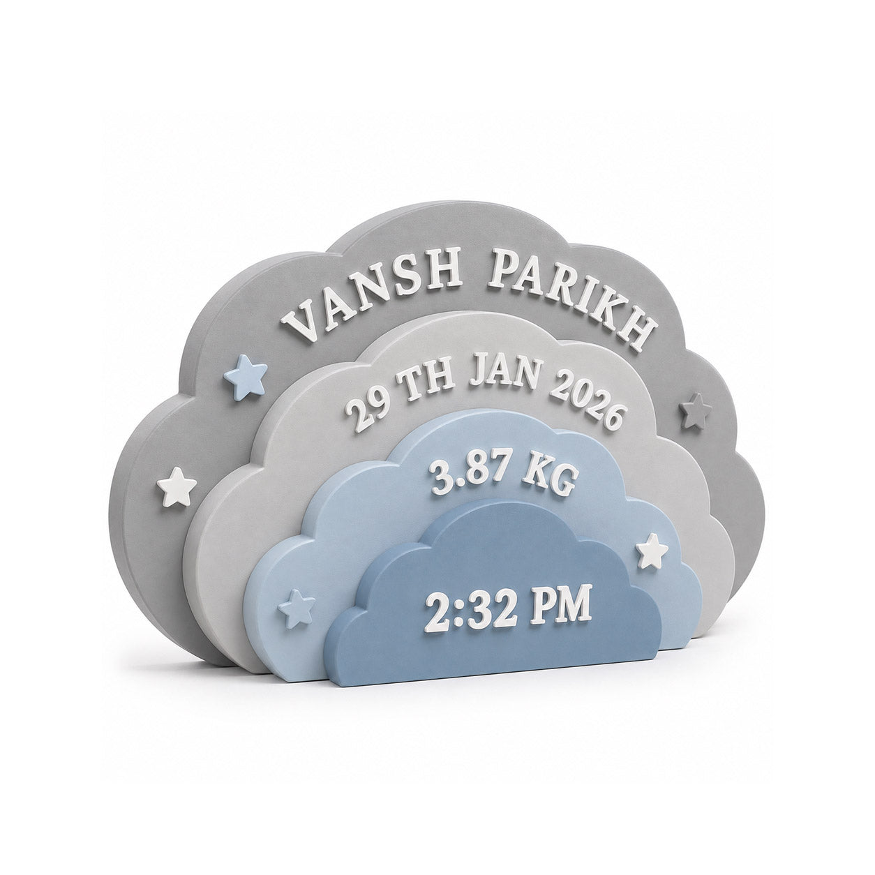 Clouds Themed Hand-Painted Wooden Personalised Baby Birth Details Name Plate