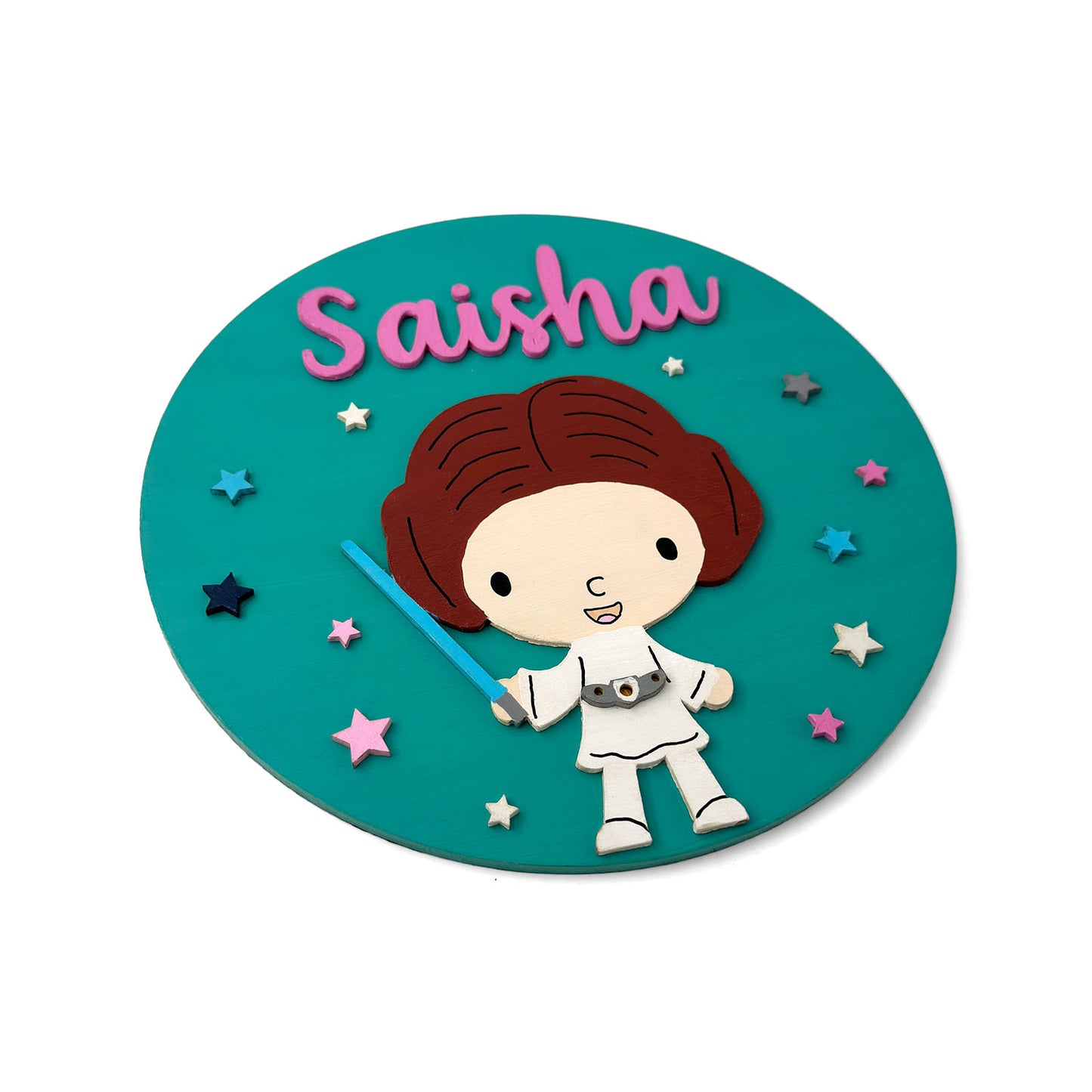 Star Wars Princess Leia Themed Hand-Painted Wooden Round Kids Name Plate