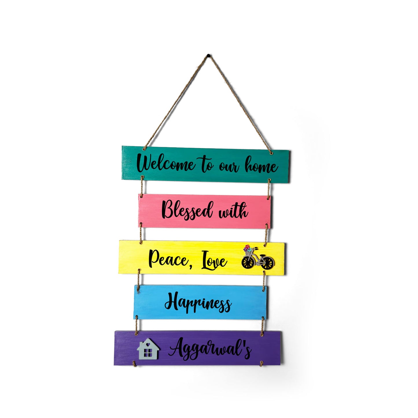 Welcome To Our Home Blessed With Peace, Love, & Happiness Hand-Painted Wooden Plank Name Plate For Home