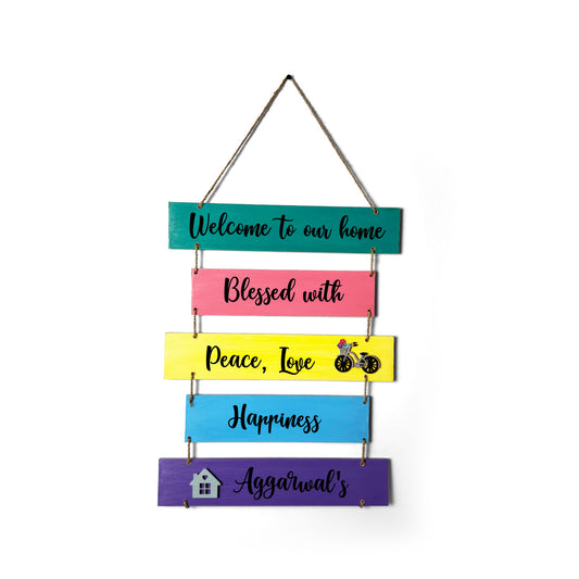 Welcome To Our Home Blessed With Peace, Love, & Happiness Hand-Painted Wooden Plank Name Plate For Home