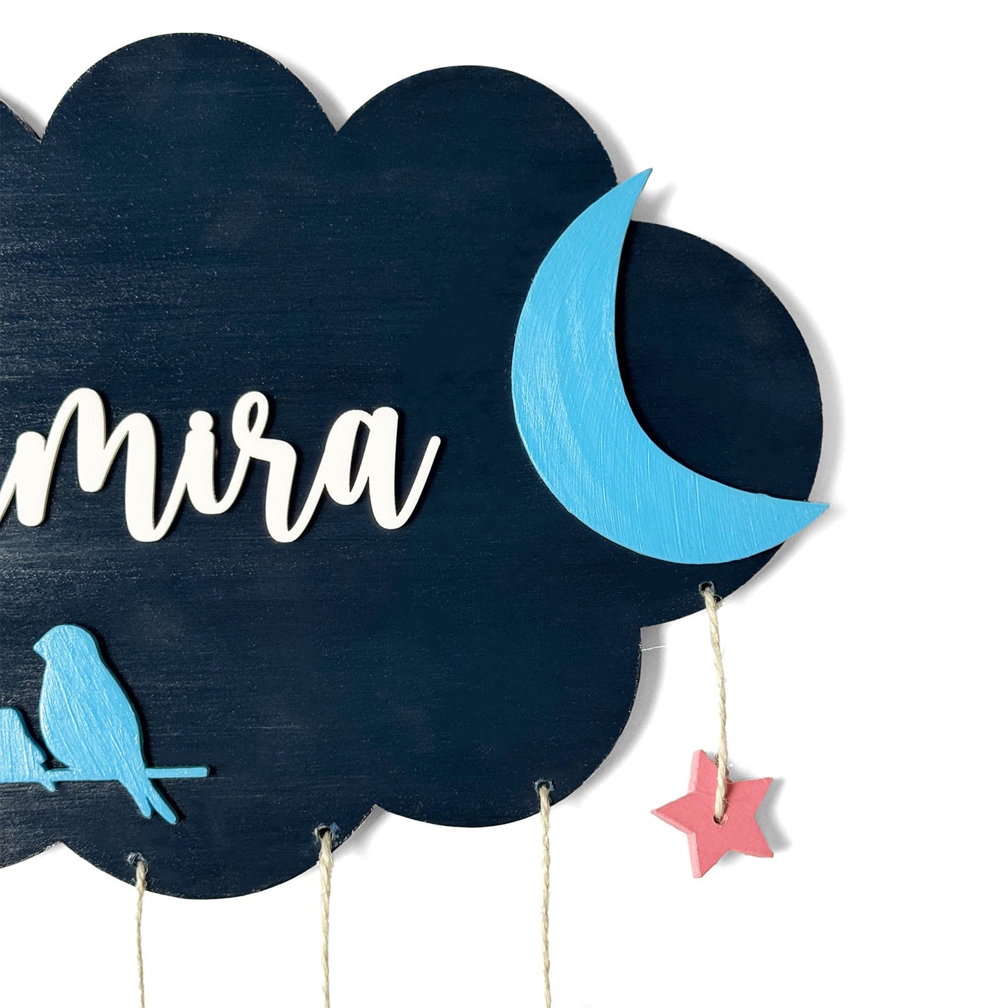 Cloud & Bird Themed Hand-Painted Wooden Kids Name Plate