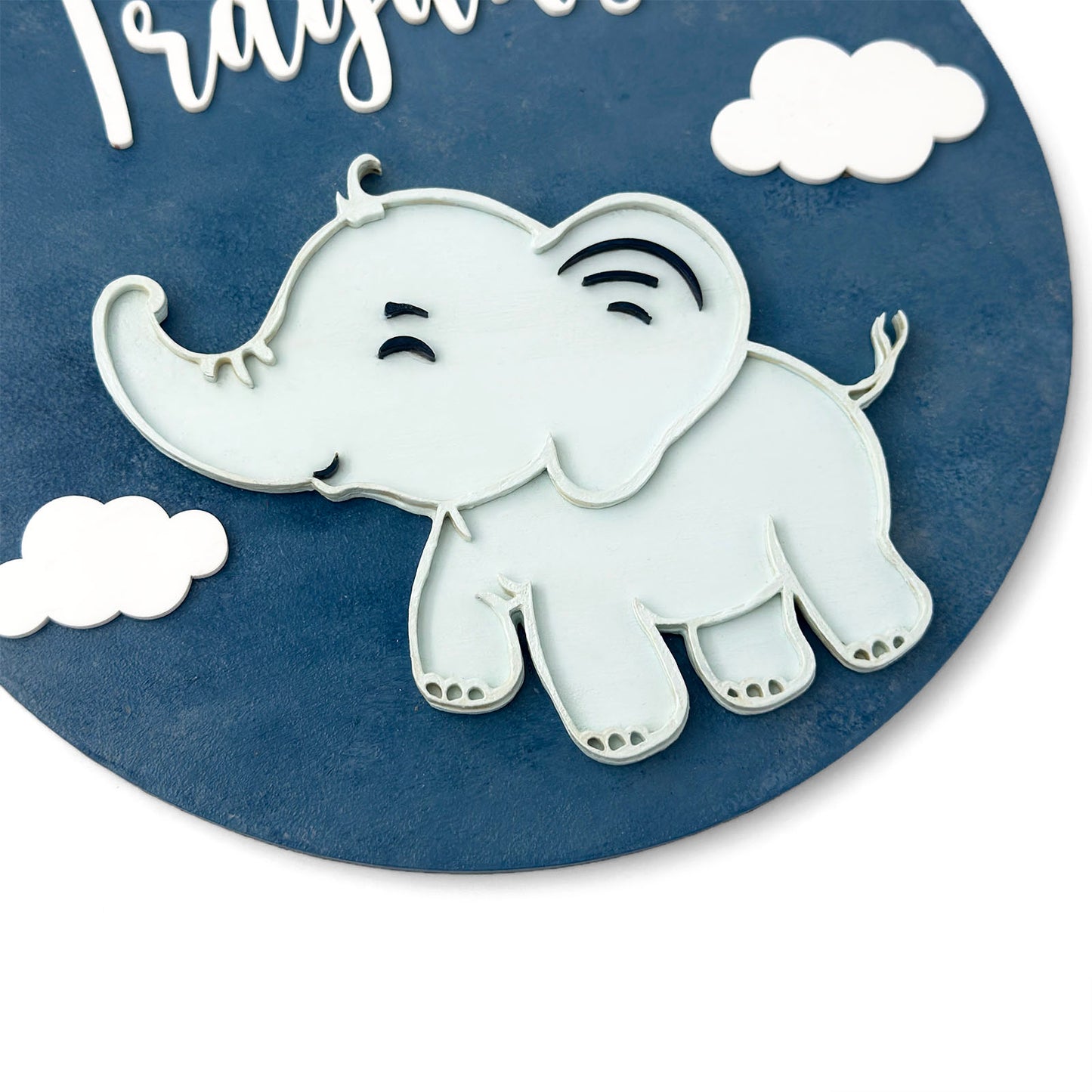 Elephant & Clouds Themed Hand-Painted Wooden Round Kids Name Plate - Design 1