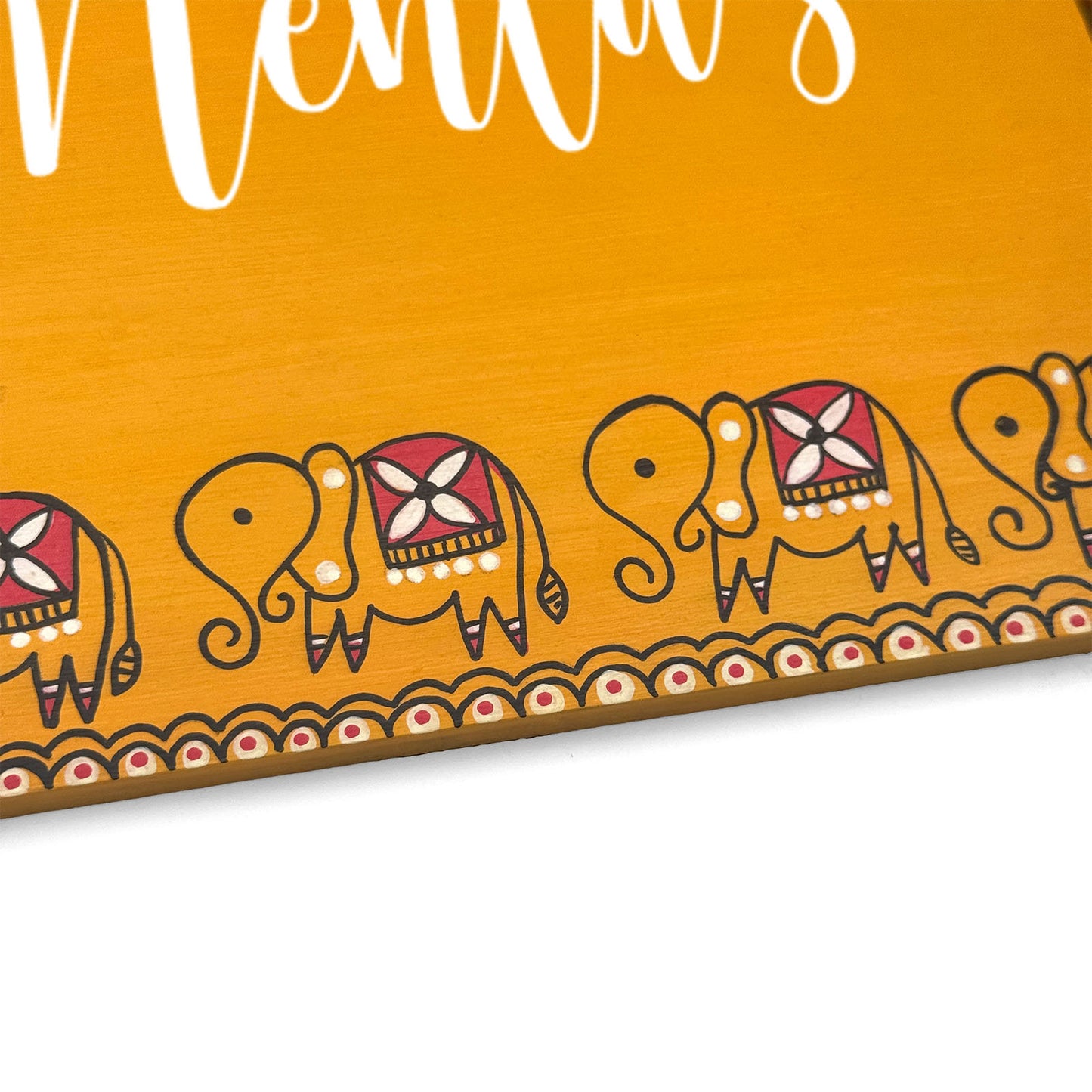Elephant Artwork Hand-Painted Wooden Madhubani Name Plate For Home