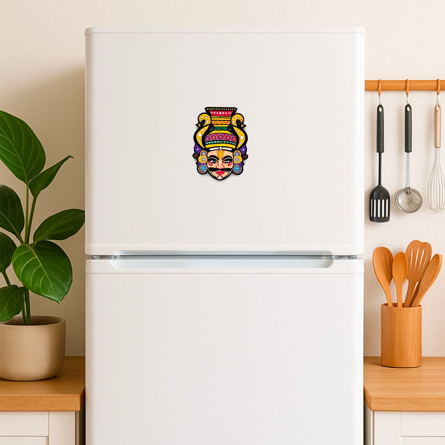 Yakshagana Face Hand-Painted Wooden Fridge Magnet