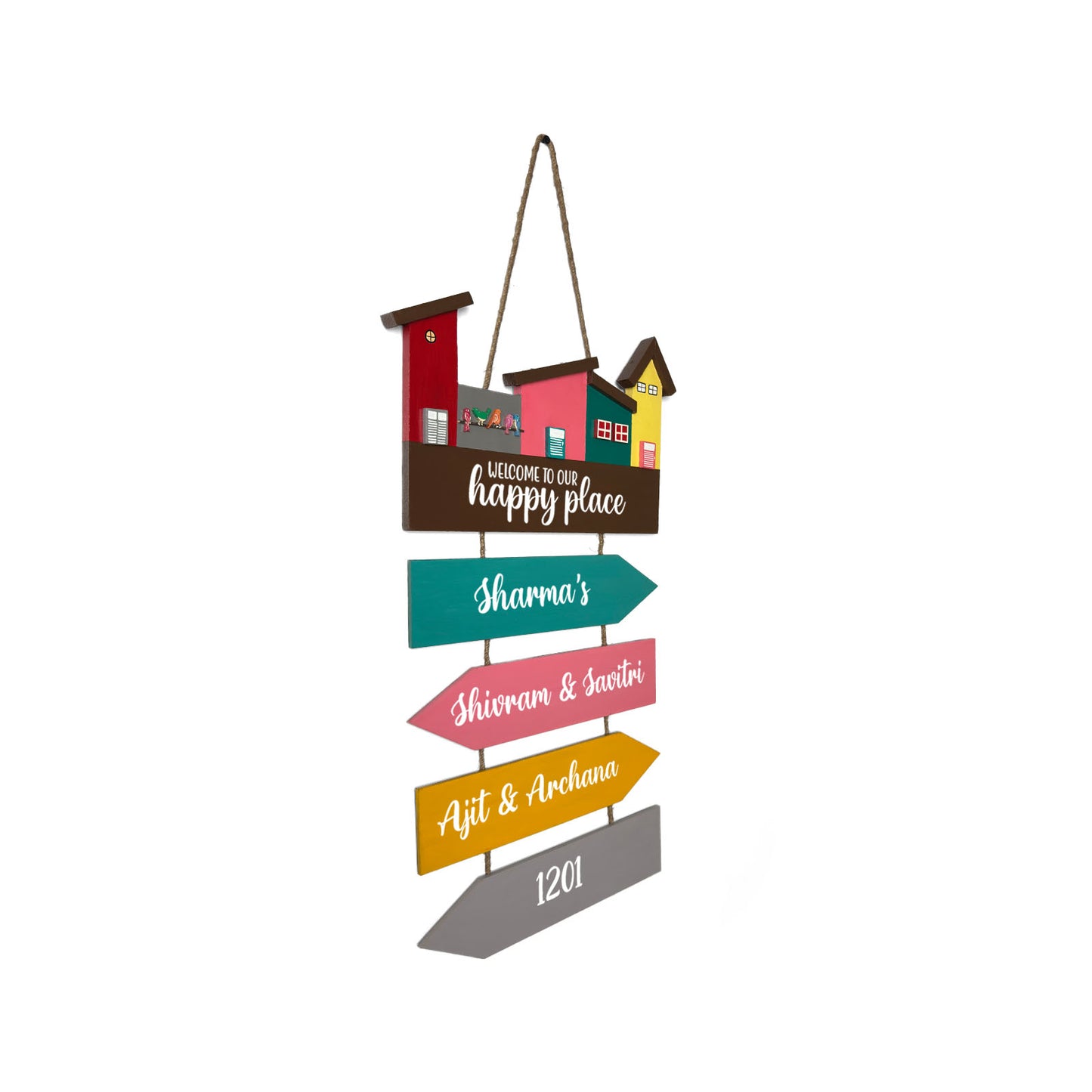 Hut-Shaped Hand-Painted Wooden Name Plate For Home - Hut Board & Four Planks Design 4