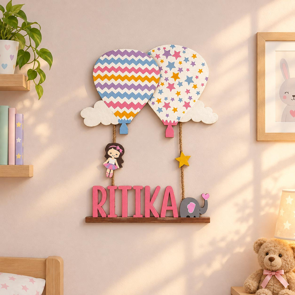 Hot Air Balloon Themed Hand-Painted Wooden Kids Name Plate - Design 2