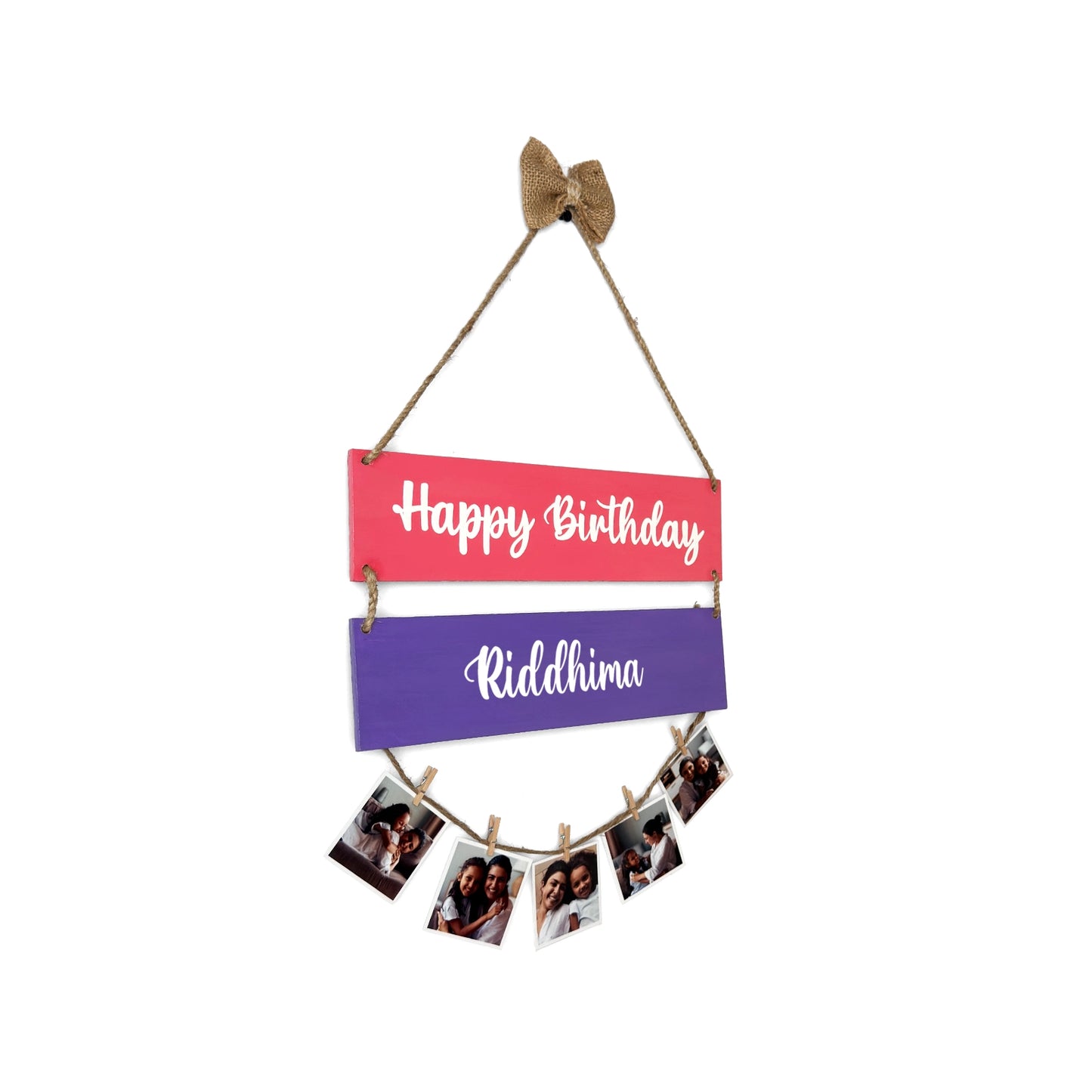 Happy Birthday Personalised Hand-Painted Wooden Photo Holder - Pink & Purple