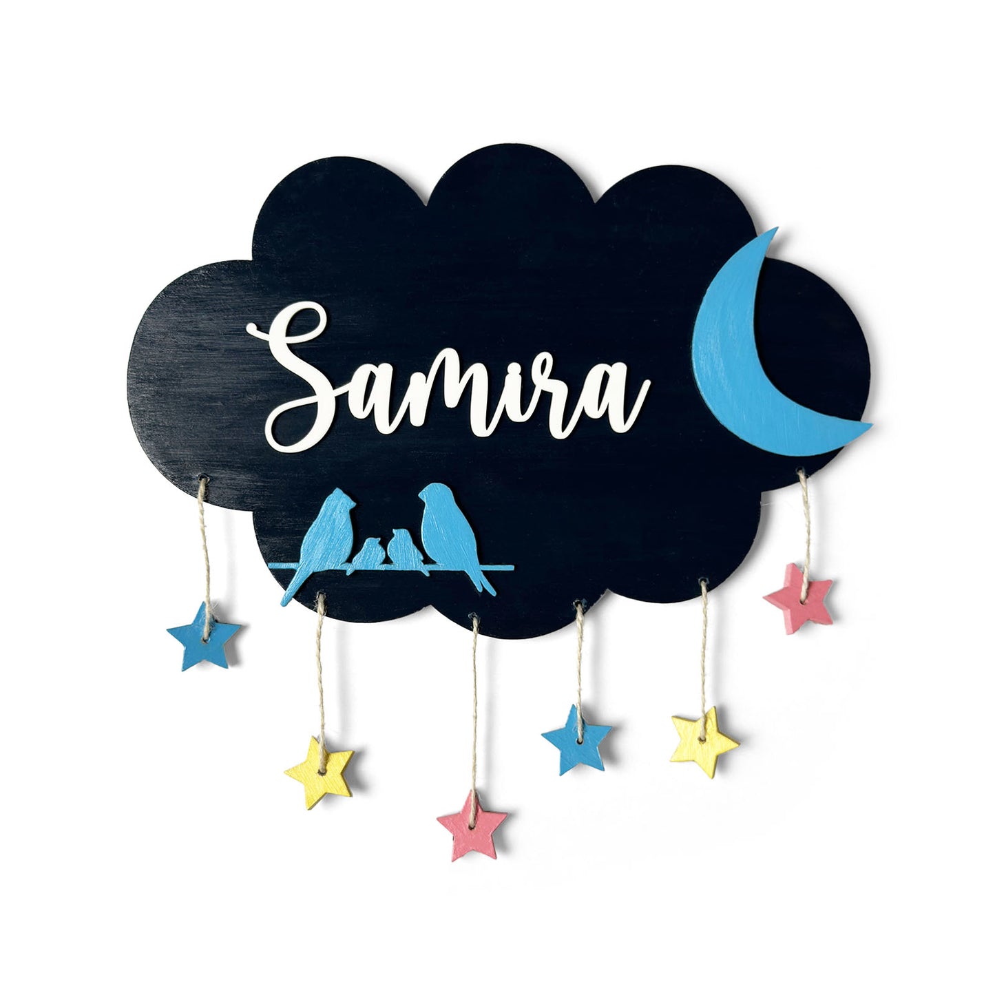 Cloud & Bird Themed Hand-Painted Wooden Kids Name Plate