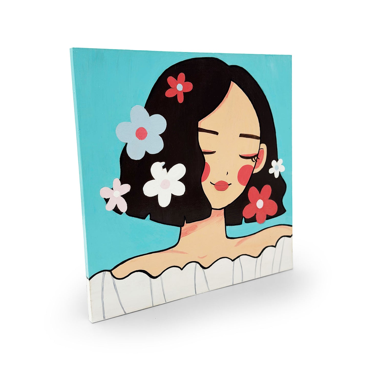 Girl With Flowers Hand-Painted Wooden Wall Hanging