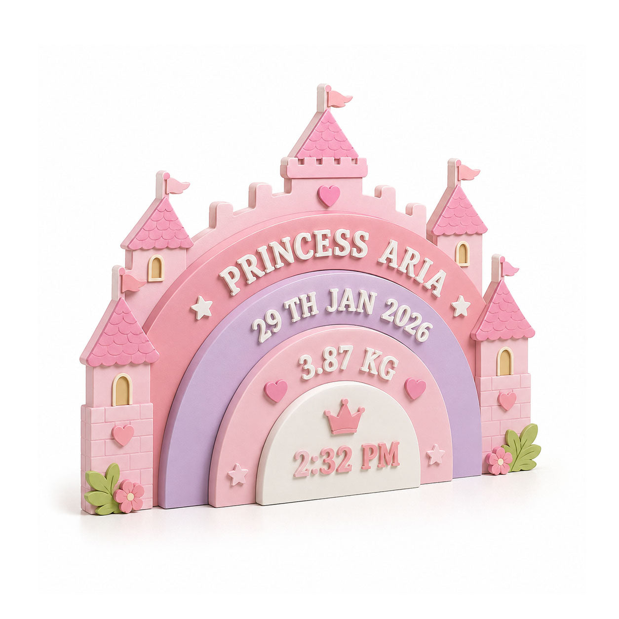 Princess Castle Themed Hand-Painted Wooden Personalised Baby Birth Details Name Plate