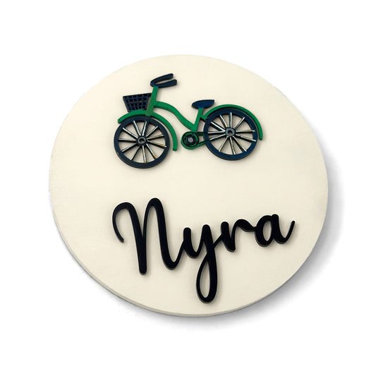 Bicycle Themed Hand-Painted Wooden Name Plate For Kids